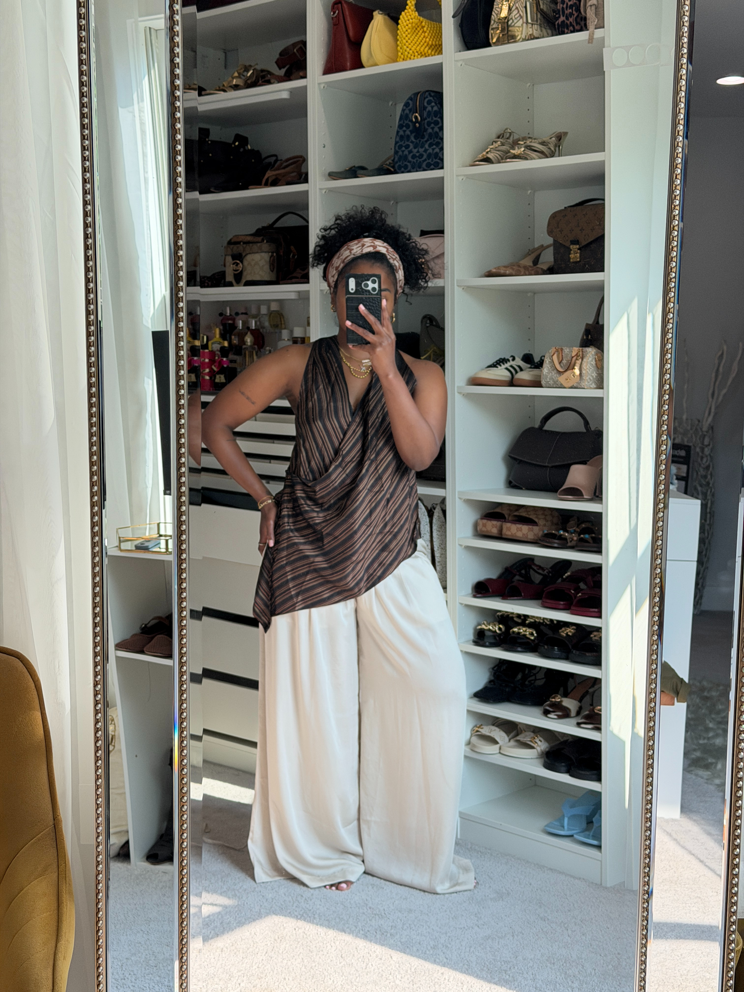 love the draping
Top - Small
Trousers - Large 

 