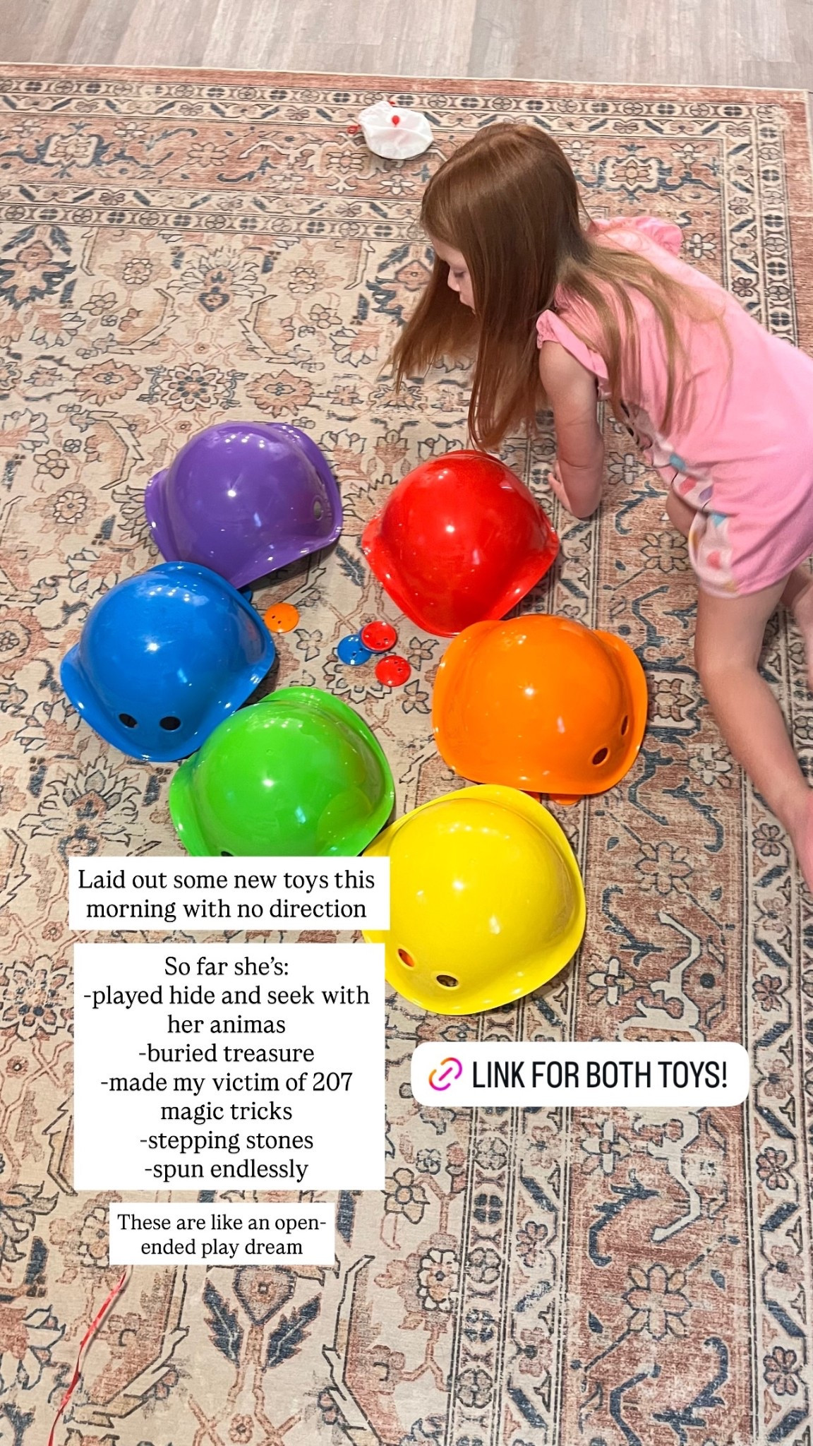 Laid out some new toys this morning with no direction

So far she’s:
-played hide and seek with her animas
-buried treasure
-made my victim of 207 magic tricks
-stepping stones
-spun endlessly These are like an open-ended play dream @fatbraintoys 
@moluk_design 
@oogi.junior