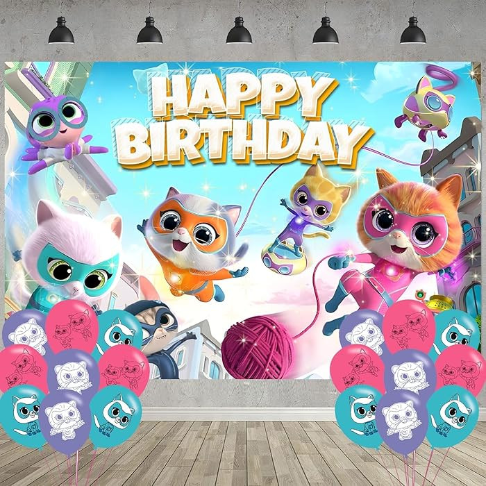 Super Cat Birthday Party Decoration,Kitties Party Photo Background 5 x 3 FT and 18 Pcs Balloon,Ca... | Amazon (US)