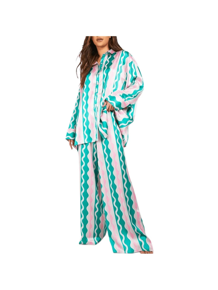 Women's Checkerboard Print Loungewear Set Long Sleeve Lapel Button Down Tops Long Pants Oversized... | SHEIN