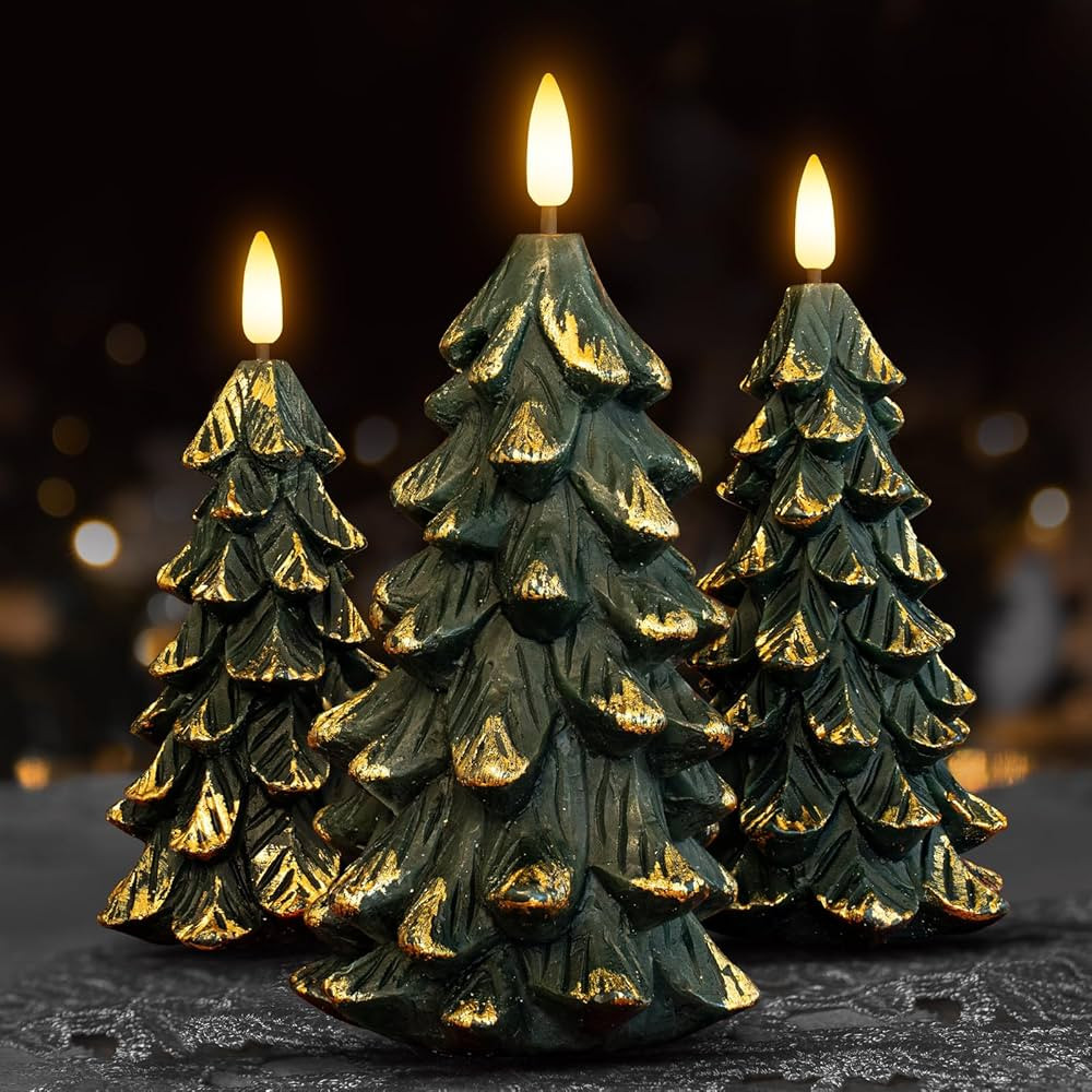 HN HAIINAA Christmas Tree Shaped Flameless Candles with Timer, Real Wax Green 3D Wick Flickering ... | Amazon (US)