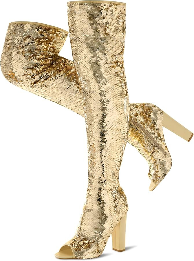 KHPAERMEI Sparkly Thigh High Boots for Women Sexy Sequin Over The Knee High Boots Party Prom Open... | Amazon (US)