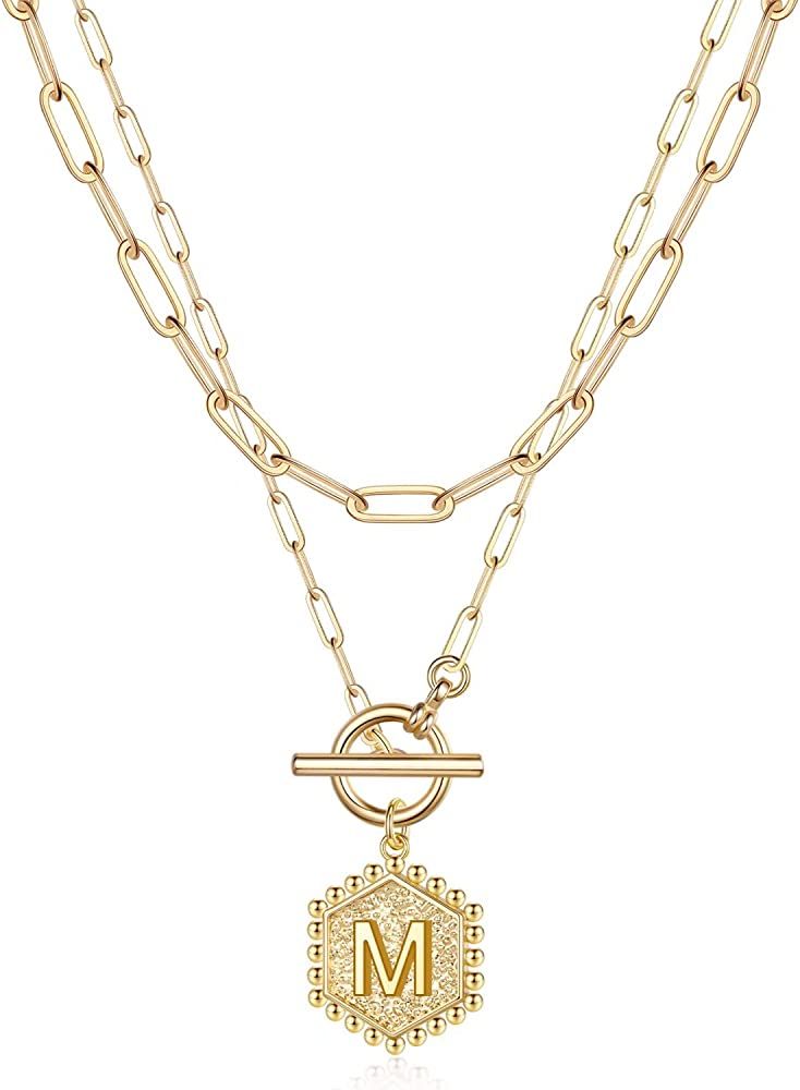 Layered Gold Initial Necklaces for Women, 14K Gold Plated Paperclip Link Chain Necklace Hexagon Lett | Amazon (US)
