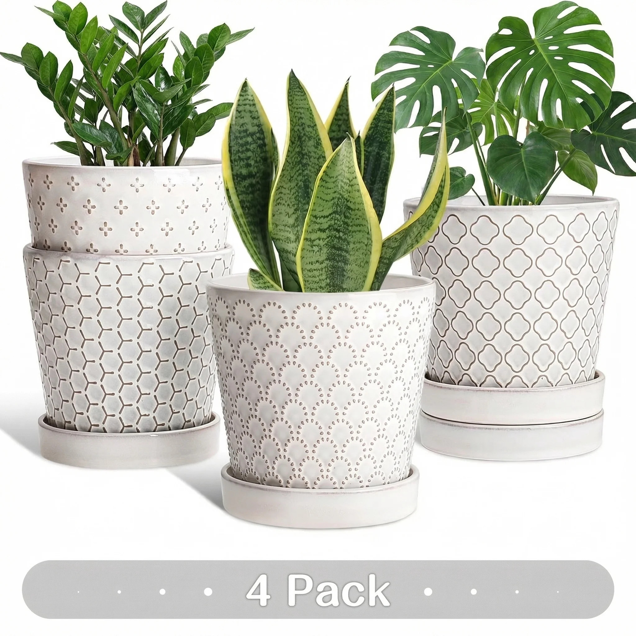 BUYMAX 5" White Ceramic Indoor Plant Pot with Drainage Holes & Tray, Relief Design Small Flower P... | Walmart (US)