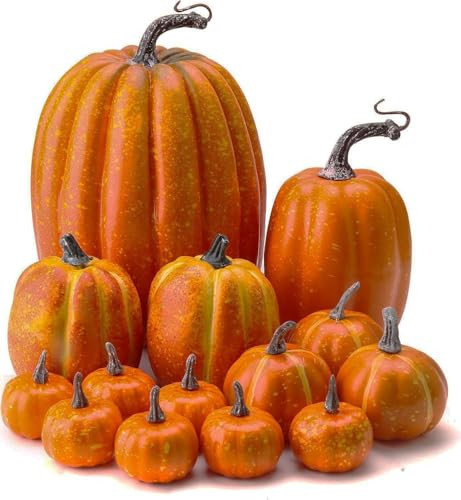 WESAPPINC Artificial Pumpkins,14PCS Orange Pumpkins Assorted Large Faux Harvest Pumpkins for Autumn Thanksgiving Halloween Seasonal Holiday Decor Decoration (Orange) | Amazon (US)