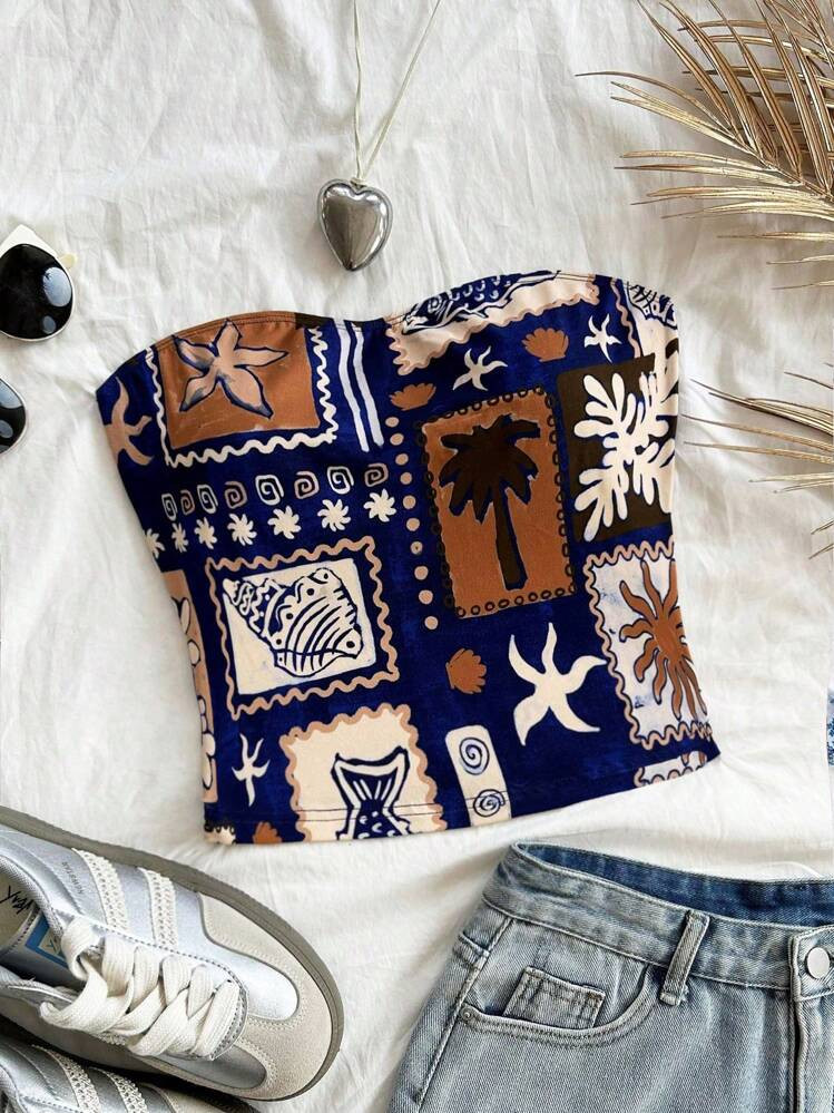 Soleia Plus Size Women Pirate Print Bandeau Top, Vacation, Spring, Valentine's Day | SHEIN