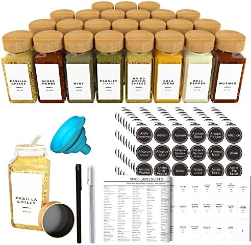 24 Pcs Spice Jars with Bamboo Lids, Shaker Lids, 786 Spice Labels and Funnel, 4oz Empty Square Gl... | Amazon (US)
