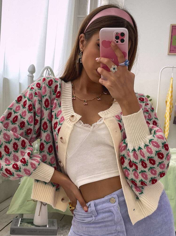 SHEIN MOOSTA Flower Pattern Drop Shoulder Cardigan,Long Sleeve Tops | SHEIN
