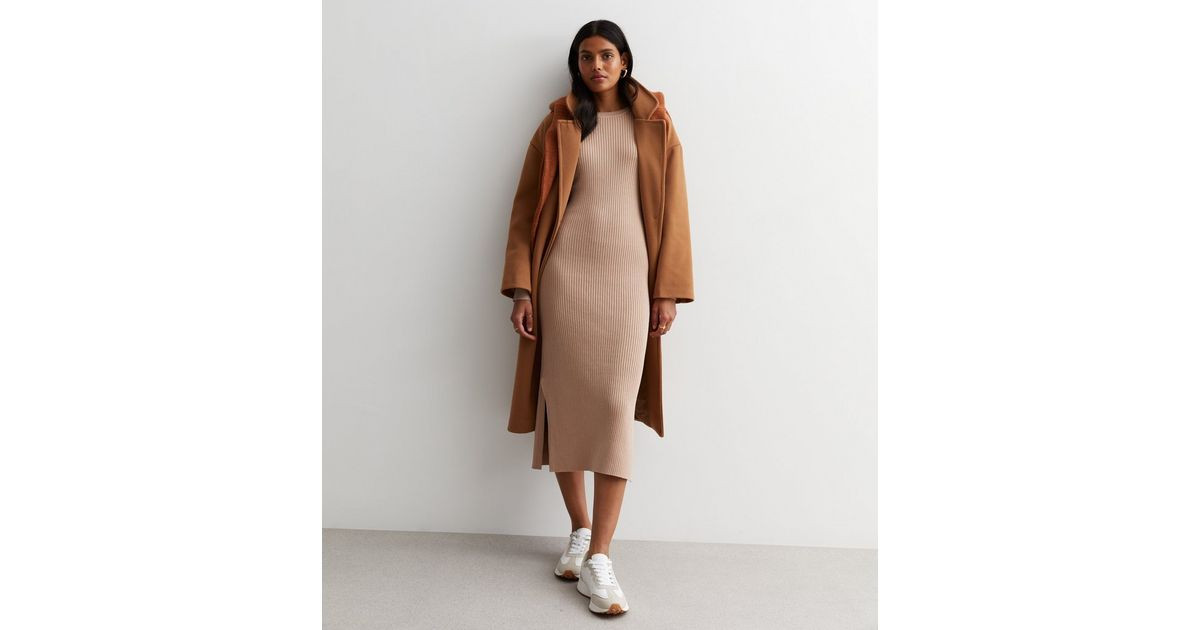 Camel Ribbed Knit Bodycon Midi Dress | New Look | New Look (UK)