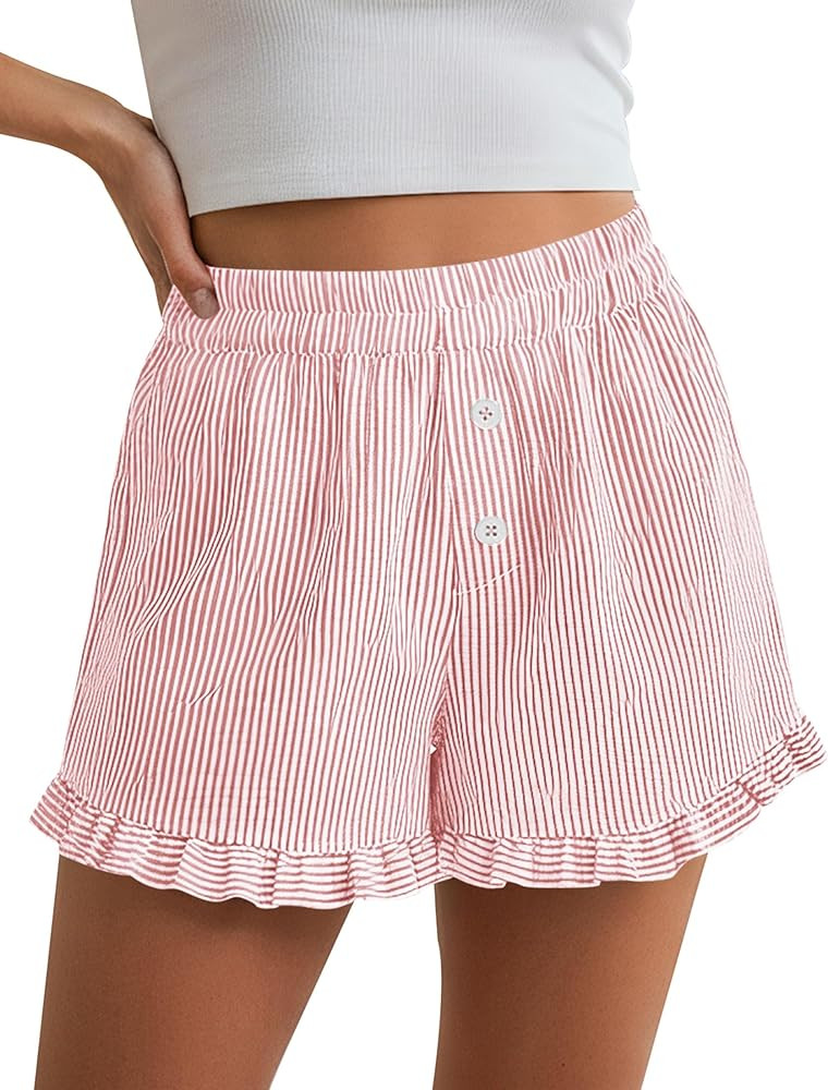 PRETTYGARDEN Womens Boxer Shorts Y2K Ruffle Pajama 2026 Summer Spring Lounge Sleep Striped Casual... | Amazon (US)