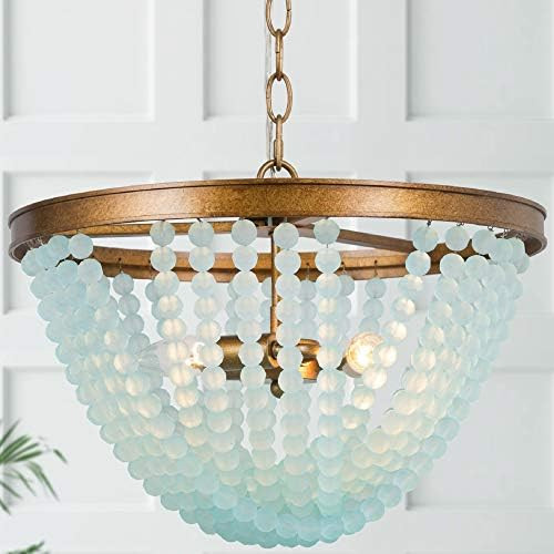 LOG BARN Beaded Chandelier, Boho Light Fixture for Dining Room, Blue Glass Beads, Antique Gold Fi... | Amazon (US)