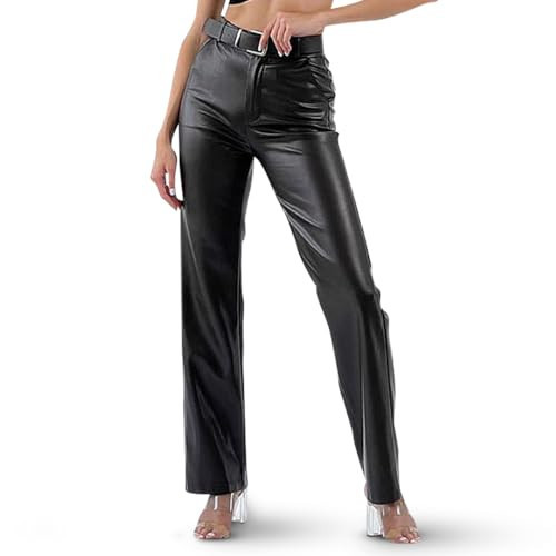NovaStoreez Women's Black Faux Leather Pants with Belt High Waist Pockets Straight Leg Jeans (US, Alpha, X-Large, Regular, Black) | Amazon (US)