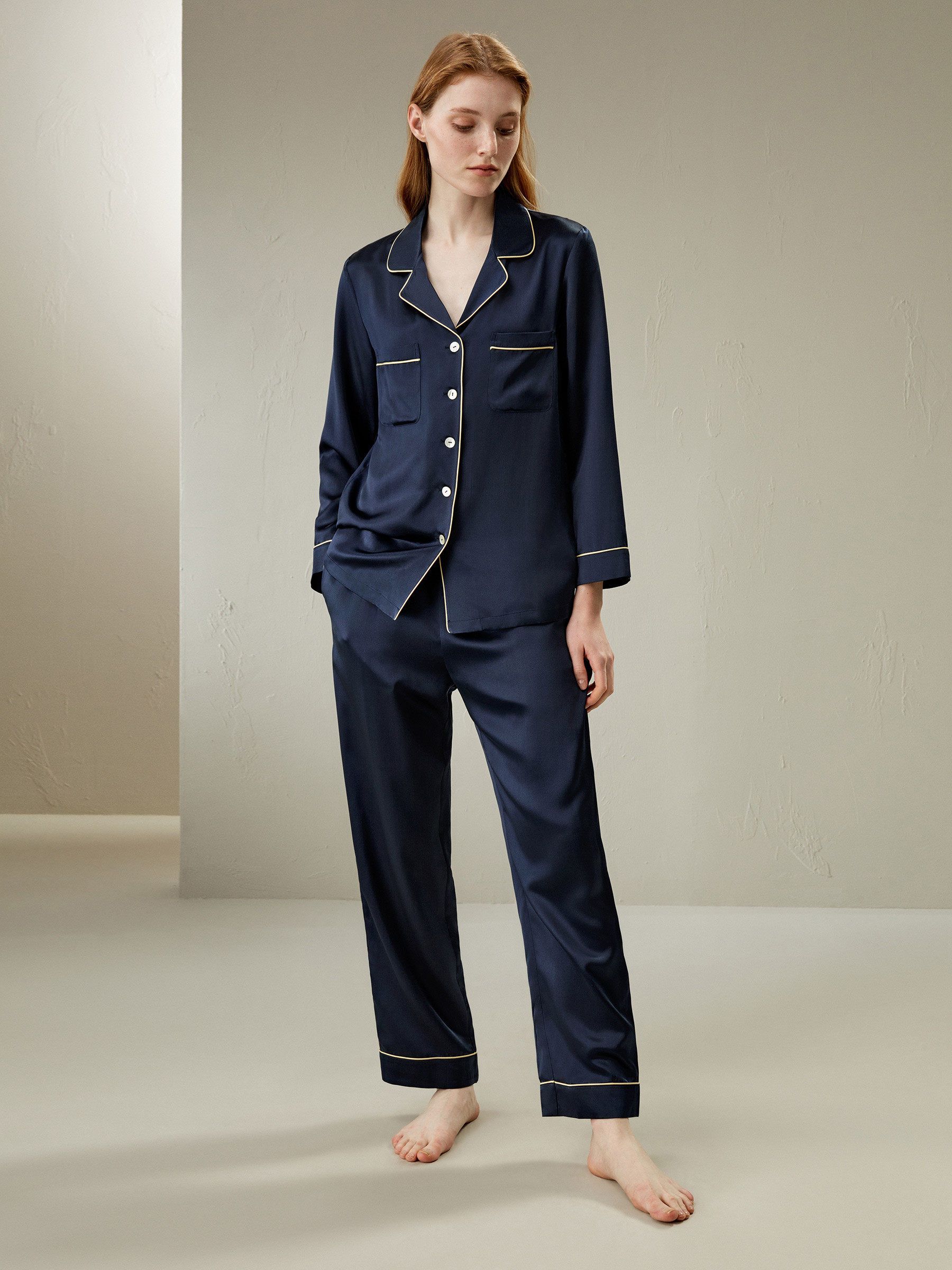 22MM Gold Piping Silk Pyjamas Set | LilySilk