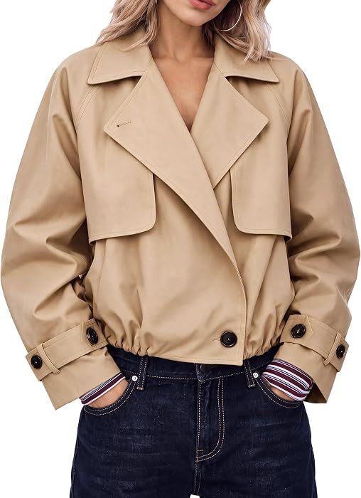 Tankaneo Womens Cropped Trench Coat Long Sleeve Lapel Short Cropped Jacket | Amazon (US)