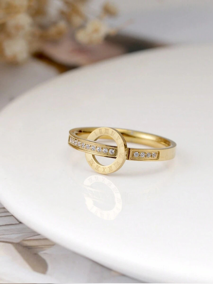 1pc Stainless Steel + 18K Gold Double Ring Roman Numerals Design Micro-Inlaid Rhinestone Titanium... | SHEIN