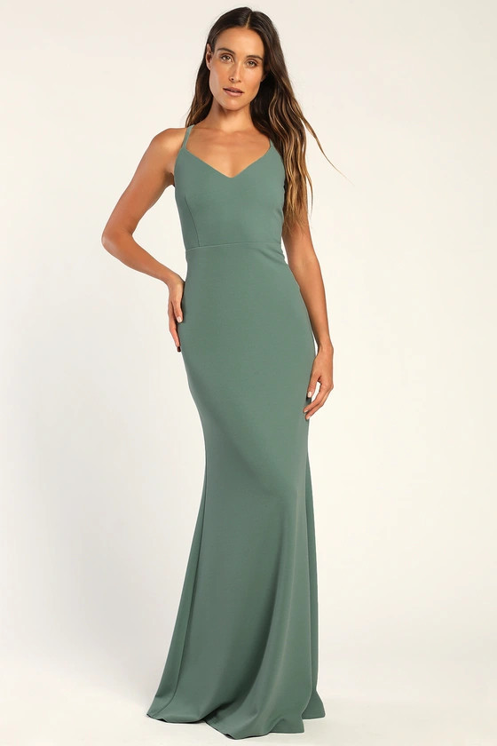 Moments Of Bliss Dusty Seafoam Backless Mermaid Maxi Dress Fall Wedding Guest Dress | Lulus (US)