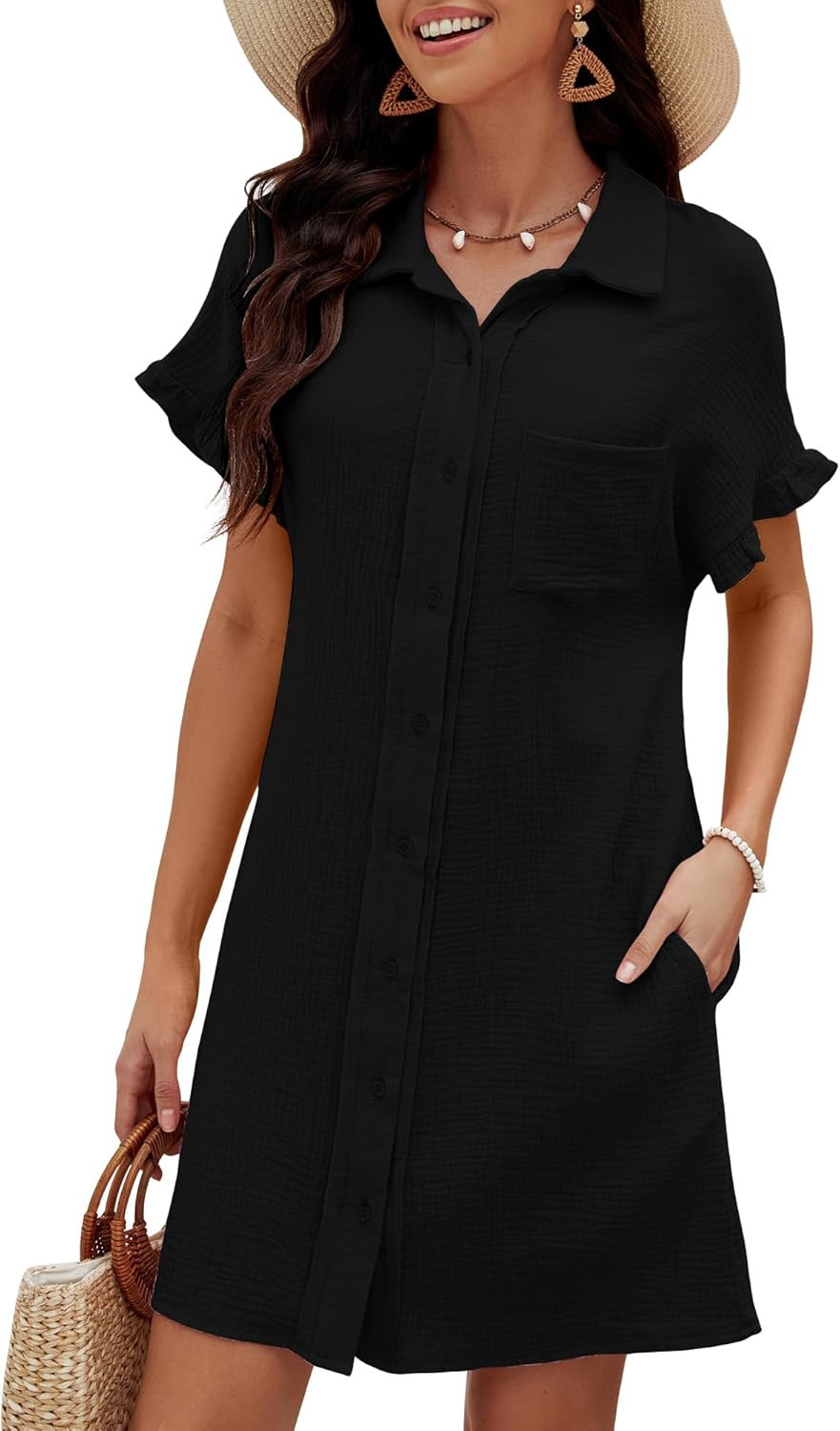 luvamia Womens Beach Cover Up Dress Cotton Button Down Shirt Dresses Casual Ruffle Sleeves Summer... | Amazon (US)