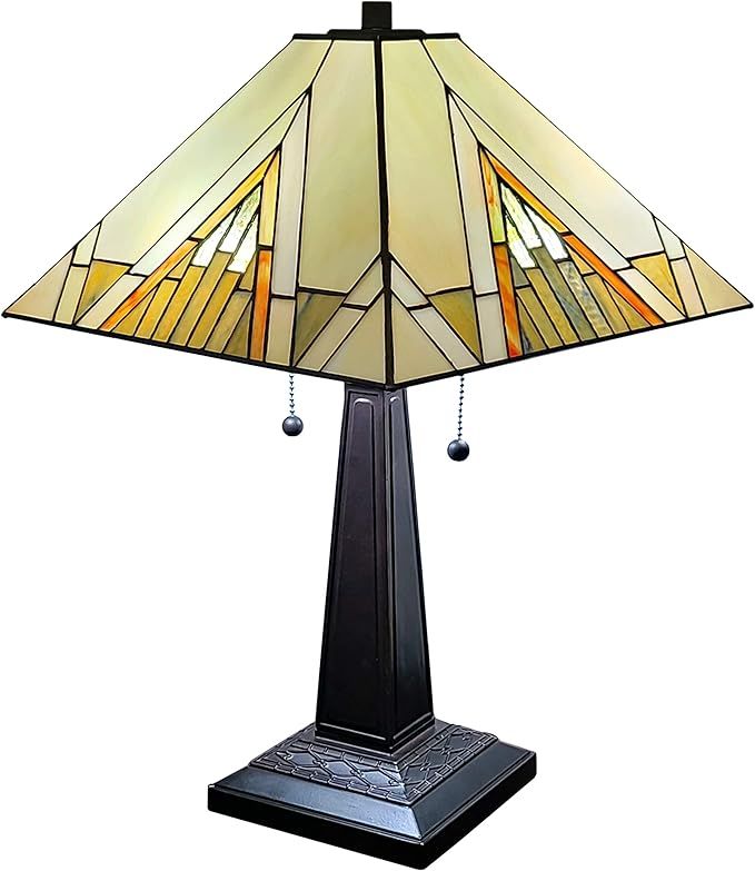 Tiffany Style Table Lamp Banker Mission 23" Tall Stained Glass Tan Brown Vintage Antique Light D... | Amazon (US)