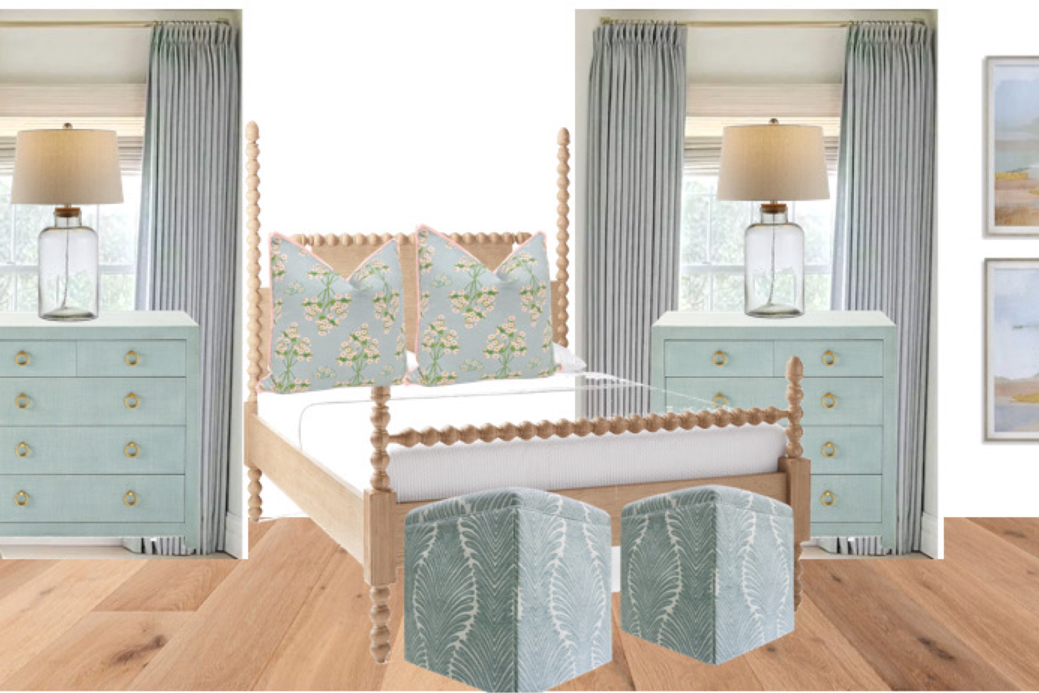 Coastal bedroom design with pinch, pleated, draperies, Roman bamboo, shades, glass table lamp, floral bed pillows for poster, wood, spindle bed, and skirted Ottomans chest of drawers, Serena and Lily, Ballard design, two pages


#LTKhome #LTKsalealert #LTKstyletip