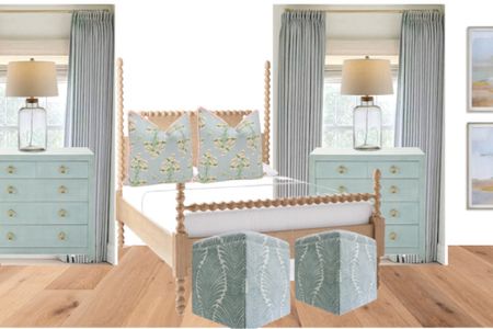 Coastal bedroom design with pinch, pleated, draperies, Roman bamboo, shades, glass table lamp, floral bed pillows for poster, wood, spindle bed, and skirted Ottomans chest of drawers, Serena and Lily, Ballard design, two pages


#LTKhome #LTKsalealert #LTKstyletip