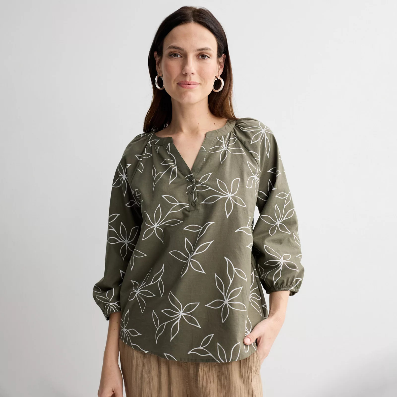 Women's Croft & Barrow® Drapey Short Sleeve Crew Top, Size: Large, Foliage Black White | Kohl's