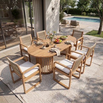 7pcs Patio Oval Dining Table & Dining Armchairs Set with Beige Cushions, Weather-Resistant Outdoor Dining Furniture Set for 6, Teak - ModernLuxe | Target