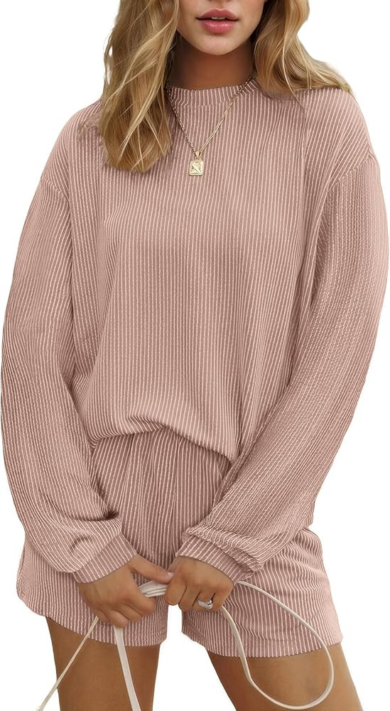 Ekouaer 2 Pieces Lounge Set for Women Long Sleeve Pajamas Top and Shorts Matching Sets Outfits wi... | Amazon (US)