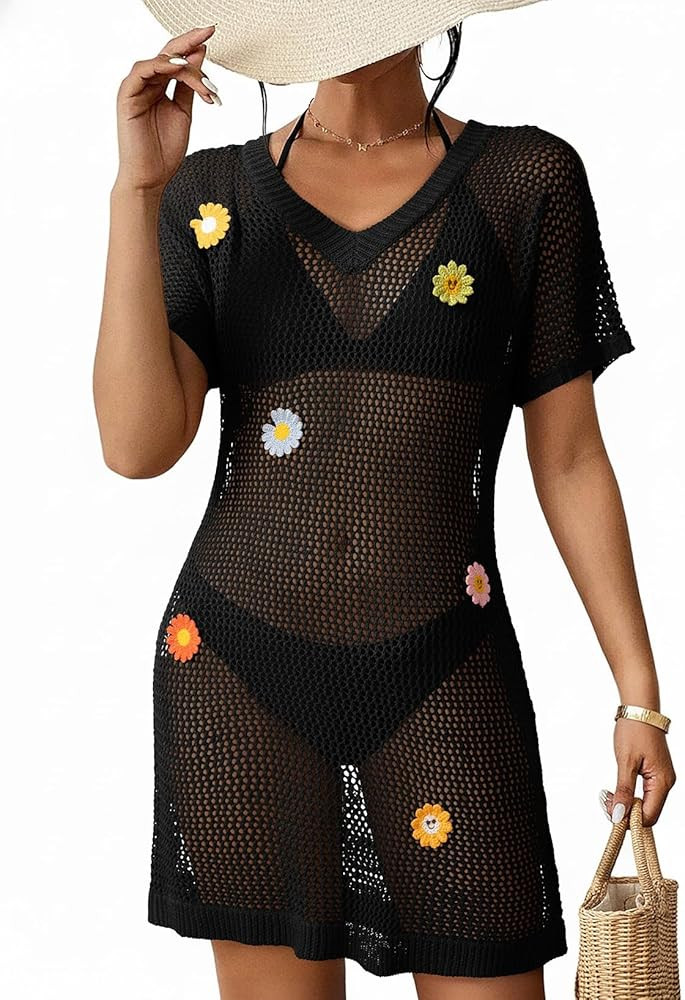 Dokotoo Swimsuit Coverup for Women 2026 V Neck Short Sleeve Floral Beach Dress Crochet Swim Cover... | Amazon (US)