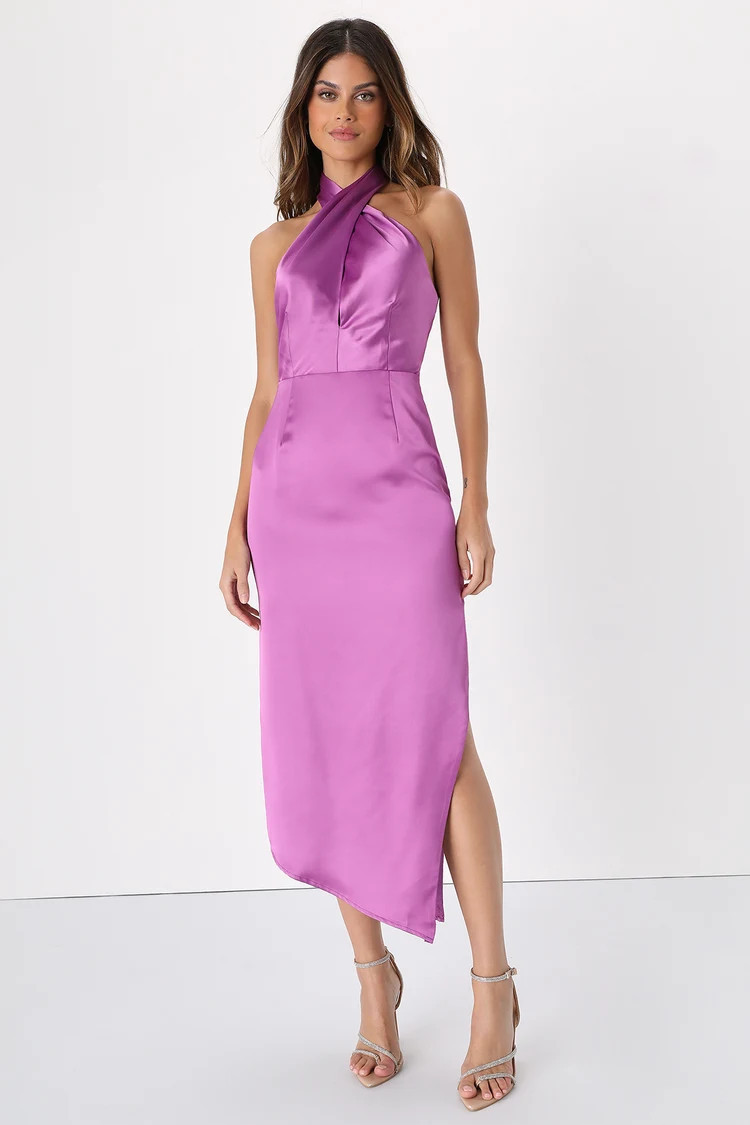 Glamorous Desires Purple Satin Sleeveless Halter Midi Dress | Wedding Guest Dress #LTKwedding #LTKU | Lulus (US)