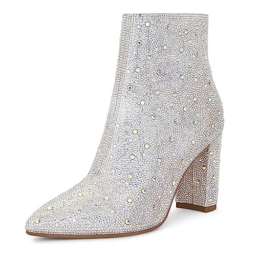 SOVANYOU Silver Rhinestone Boots Sparkly Boots Ankle Glitter Boots for Women Bling Boots Pointed Toe Chunky High Heel Dress Boots Dress Wedding Party Shoes | Amazon (US)