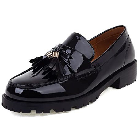 RUSAUISE Women s Patent Leather Tassel Chunky Loafer Casual Slip On Platform Loafer Shoes Black | Walmart (US)