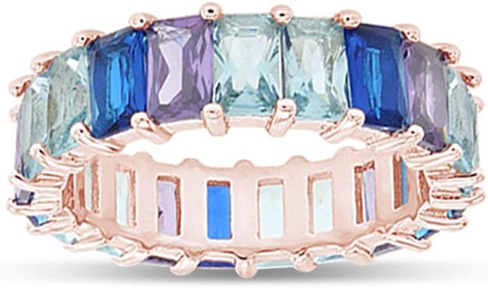 AFFY 18K Rose Gold Plated Emerald-Cut Multi Color AAA Created-Gemstone Eternity Ring Rainbow | Amazon (US)