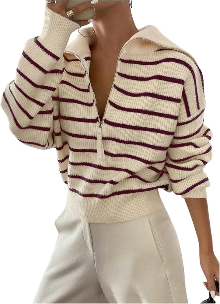MakeMeChic Women's Striped Half Zip Collared Sweater Fall Cozy Sweaters Knitted Pullover Tops | Amazon (US)