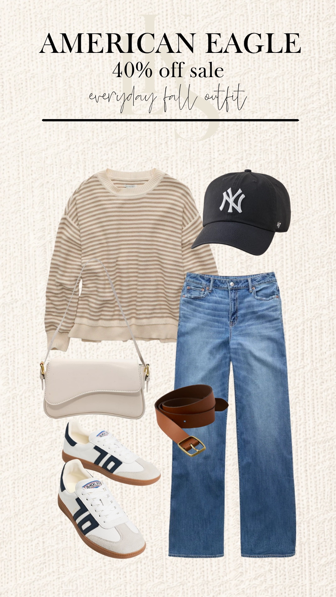 Everyday fall outfit - a tan striped sweater, straight-leg jeans, neutral shoulder bag, baseball cap, and retro sneakers. 

Easy layers with a polished off-duty feel—and American Eagle is 40% off right now! 

 #LTKootd #LTKmomlife #LTKSaleAlert