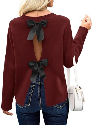 Saodimallsu Womens Bow Sweater Open Back Long Sleeve Going Out Tops Crew Neck Knit Split Fall Trendy Pullover Sweaters Burgundy | Amazon (US)