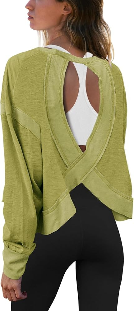 Panadila Womens Open Back Workout Top Long Sleeve Athletic Shirts Casual Crop Running Tee Y2k Yog... | Amazon (US)
