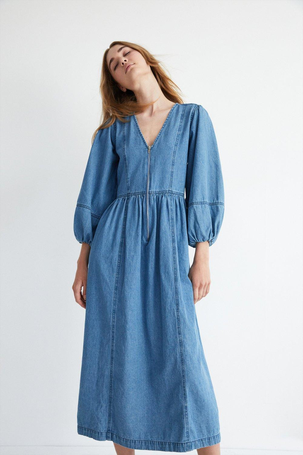 Denim Zip Front V-neck Midi Dress | Warehouse UK & IE