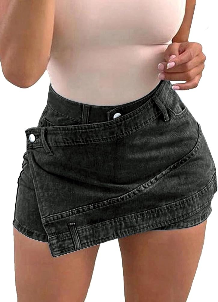 Avanova Women Denim Mini Skirt Jean Skort Sexy High Waisted Asymmetrical Stretch Short Skirts | Amazon (US)