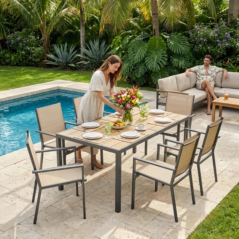 Noelse 7 Piece Patio Dining Set, Outdoor  Patio Table and Chairs with Umbrella Hole, 6 Stackable ... | Walmart (US)