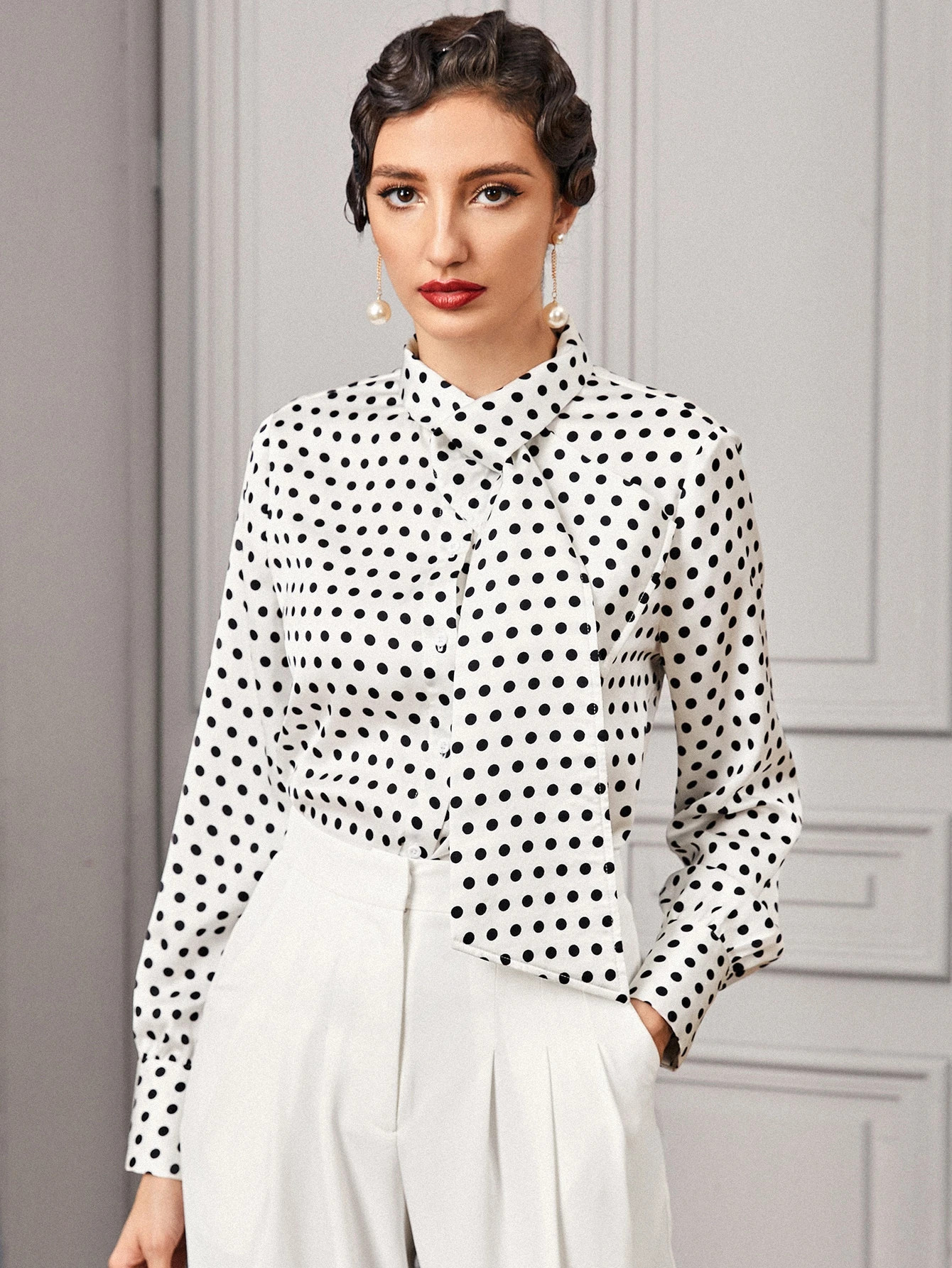 SHEIN Tie Neck Polka Dot Blouse | SHEIN