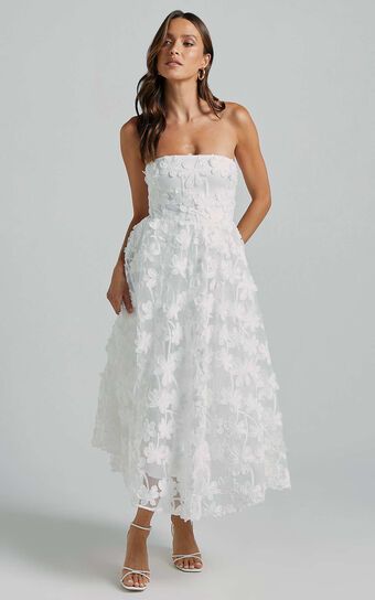 Rheiva Midi Dress - Strapless 3D Embroidery Midi Dress in White | Showpo (US, UK & Europe)