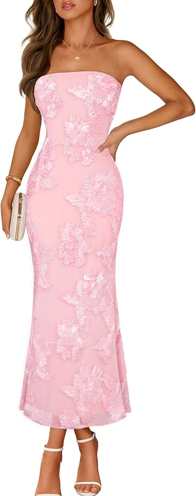 MEROKEETY Women's Floral Strapless Maxi Dress 2026 Summer Mesh Tube Bodycon Formal Wedding Guest ... | Amazon (US)
