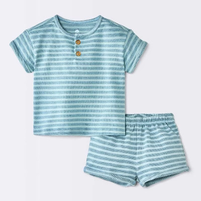 Baby Boys' 2pc Striped Henley T-Shirt and Shorts Set - Cloud Island™ Light Blue 3-6M | Target