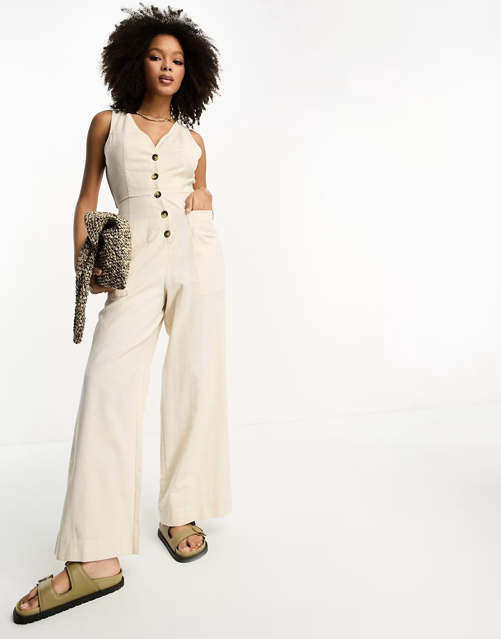 ASOS DESIGN linen look button through jumpsuit in oatmeal | ASOS (Global)