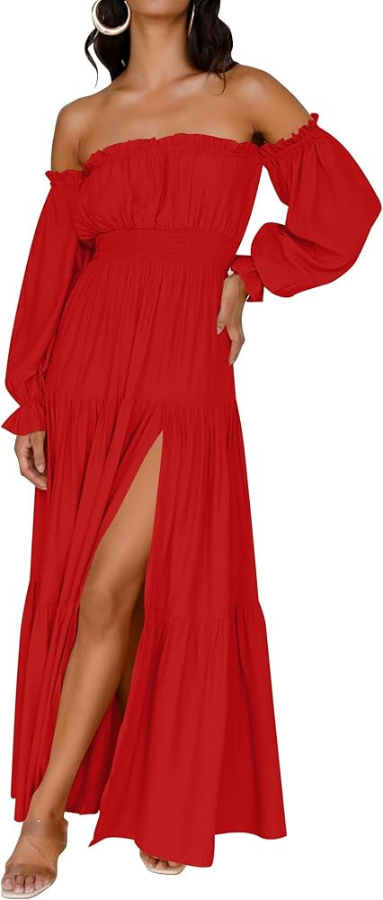 ZESICA Women's Boho Sexy Off Shoulder Long Sleeve Smocked High Waist Side Split Flowy A Line Tiered  | Amazon (US)