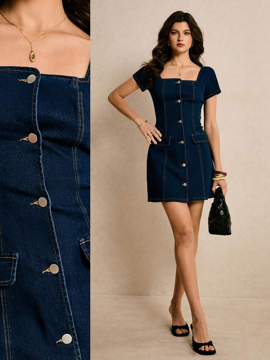 Poéselle Women's Navy Blue Summer Casual Everyday Denim Dress,Short-Sleeved Slim-Fit Front Plack... | SHEIN
