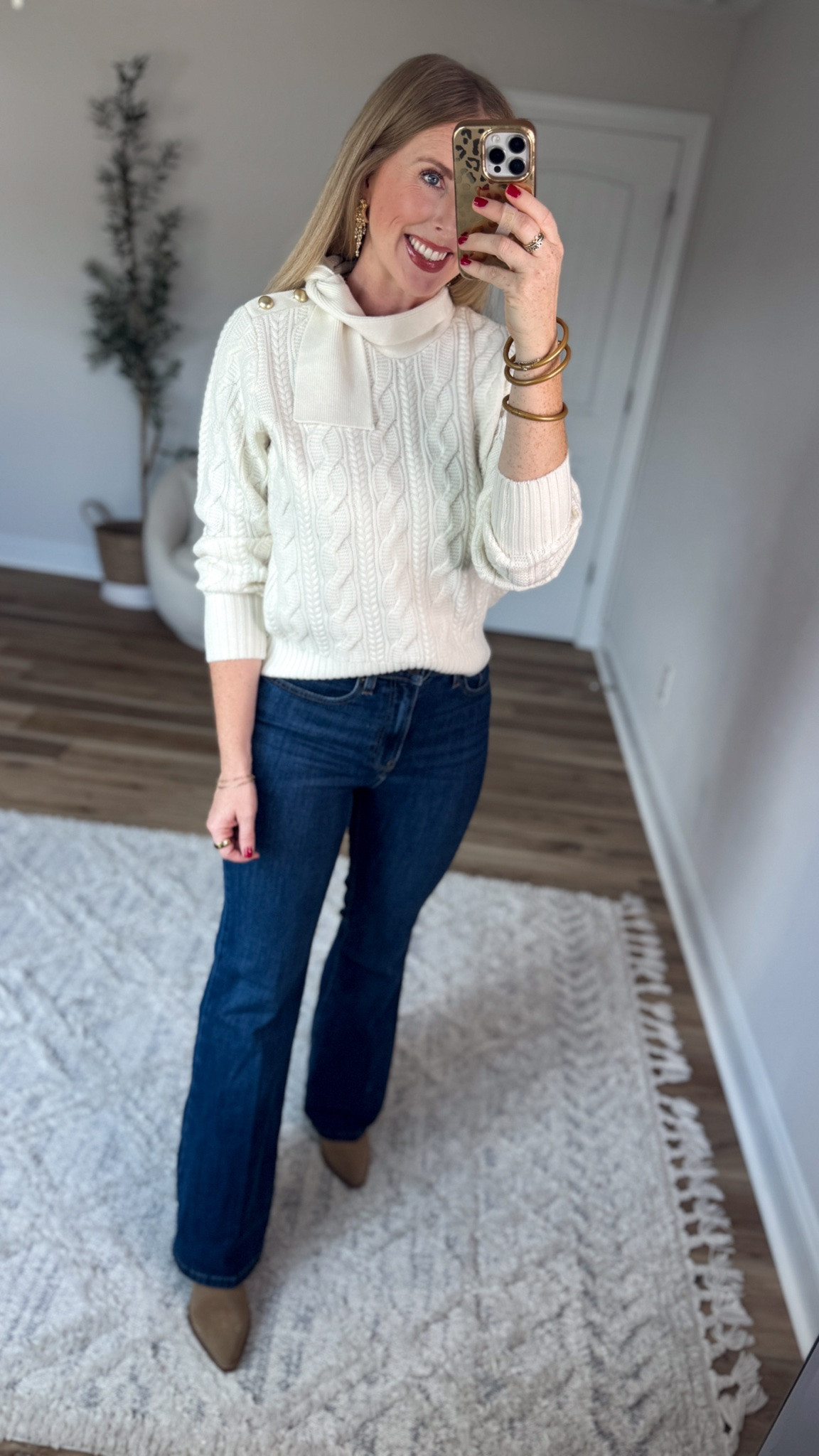 Weekend Walmart Wins try-on
Gold button cable knit sweater- medium 
Flare jeans- 6

#LTKootd