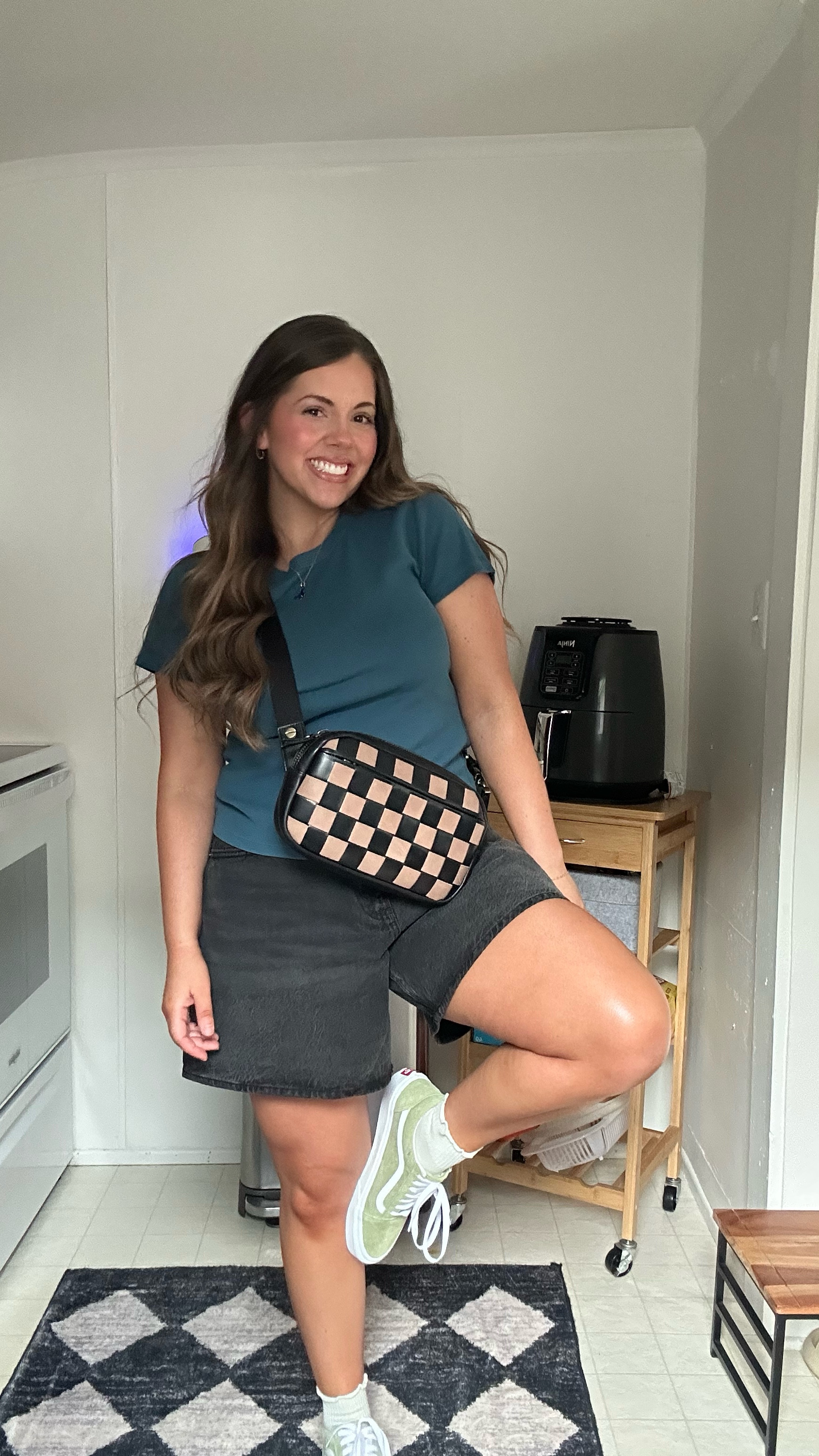 Obsessed with this outfit! Cute and kinda sporty🫶🏼🤍 I’m wearing a large in the top (this top fits soo good and is so flattering! I have multiple colors) Wearing a size 29 in the shorts! I love these too. The length is perfect and the fit is so fun. I found these shoes in the KIDS section at ROSS!! But I found them online to link for ya! Obsessed with the avocado color

#LTKStyleTip #LTKFestival #LTKBeauty