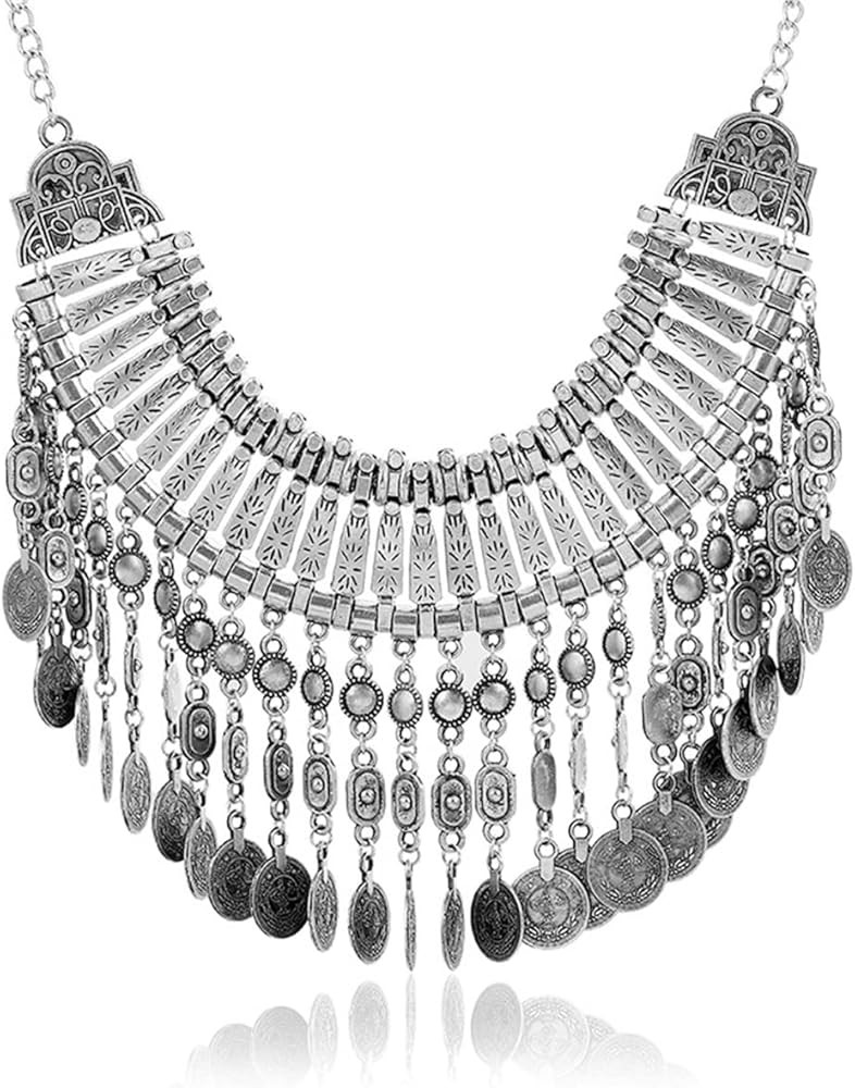 Long Tassel Chunky Boho Coin Statement Necklace For Women Silver | Amazon (US)