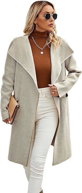 ECOWISH Women Cardigan Jacket Coat - Fall 2023 Knit Lapel Long Sleeve Striped Casual Open Front S... | Amazon (US)